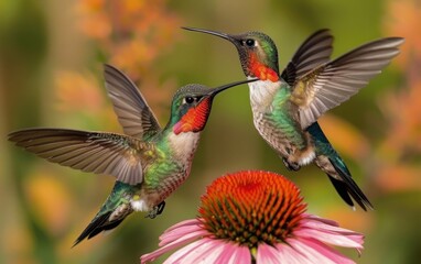 Fototapeta premium A Couple of Hummingbirds Hovering Over and Enjoying Nectar from Radiant Florals