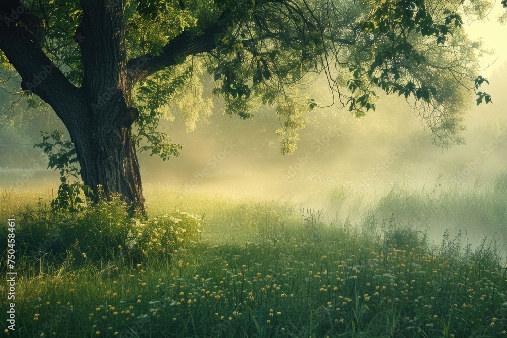 Poster a lone tree standing in a vast grassy field. suitable for nature and landscape concepts