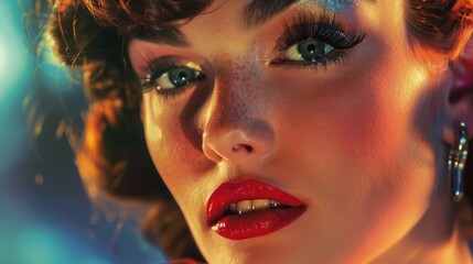 Close up of a woman with striking red lipstick. Perfect for beauty and makeup concepts