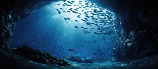 Ethereal Shoal of Fish Gliding Through Underwater Cave with Mystical Aura