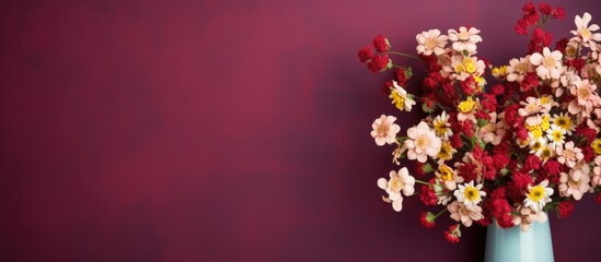 Elegant Vase Overflowing with Multicolored Small Flowers Against a Burgundy Background Wall