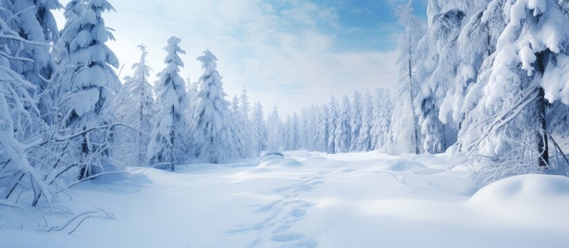 Tranquil Winter Scene: Footprints in Pristine Snow Among Forest Pines and Snow-Covered Branches