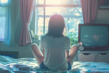 Woman sitting on bed in front of a television. Perfect for illustrating leisure time at home - obrazy, fototapety, plakaty