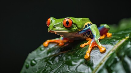 Fototapeta premium A red-eyed frog perched on a leaf. Perfect for nature and wildlife themes