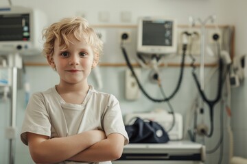 Fototapeta na wymiar Child standing near medical equipment, suitable for healthcare concepts 