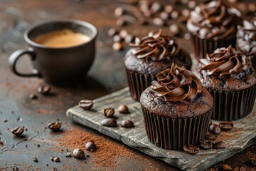 Chocolate and cocoa browny muffins with coffee cappuccino in cup top view on brown rustic stone...