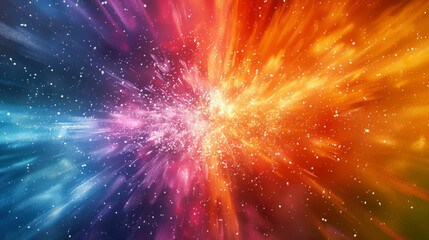 A vibrant explosion of colors resembling a cosmic event, featuring a dynamic burst of particles ranging from cool blues to warm oranges and reds against a deep black background - obrazy, fototapety, plakaty