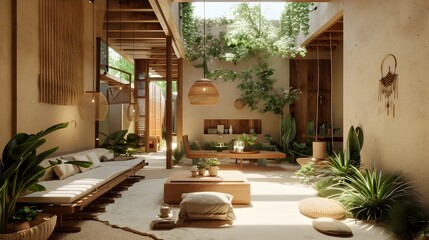 Fototapeta premium Cactus Courtyard Mexican Style Interior Design with Lush Green Plants