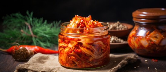 Jar of Pickled Peppers: Spicy Kimchi on Wooden Table - Traditional Korean Fermented Vegetables