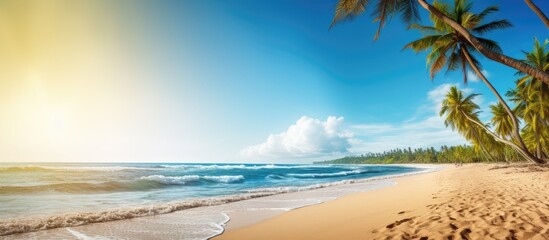 Fototapeta na wymiar Idyllic Beach with Coconut Palm Trees, Golden Sand, and Clear Blue Sky - Perfect Tropical Paradise