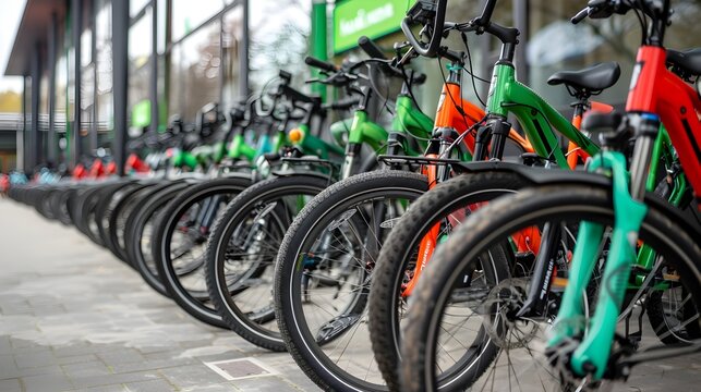 Row of Green and Red Bicycles Parked Outside Store