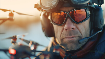 Shoulder portrait of army soldier, special forces fighter, modern warfare combatant with dirty, unshaven face, wearing sunglasses, combat helmet and talking in tactical radio headset during mission - obrazy, fototapety, plakaty