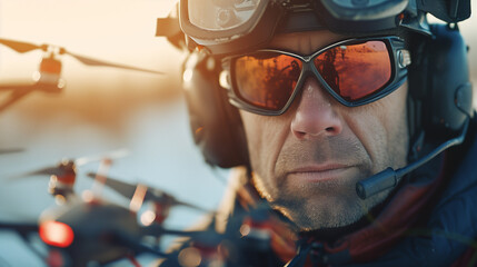 Shoulder portrait of army soldier, special forces fighter, modern warfare combatant with dirty, unshaven face, wearing sunglasses, combat helmet and talking in tactical radio headset during mission