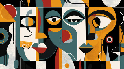 Abstract black and white cubist face mixed with avocado green, cream, orange, turquoise and red, retro colors. Illustration for creative design