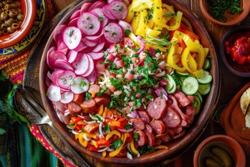 Obraz na płótnie Canvas Fiambre, salad of Guatemala, Mexico and Latin America, served on large plate top view. Festive dish for All Saints Day (Day Of The Dead) celebration made of cold cuts, sausages, pickled vegetables. 