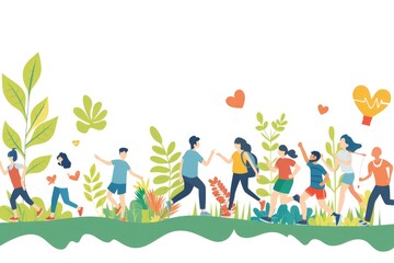 A group of people walking in the grass. Suitable for outdoor activities promotion