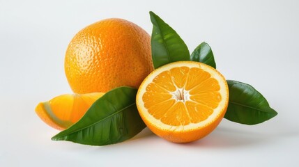 Fresh oranges with leaves on a white surface, perfect for food and healthy lifestyle concepts
