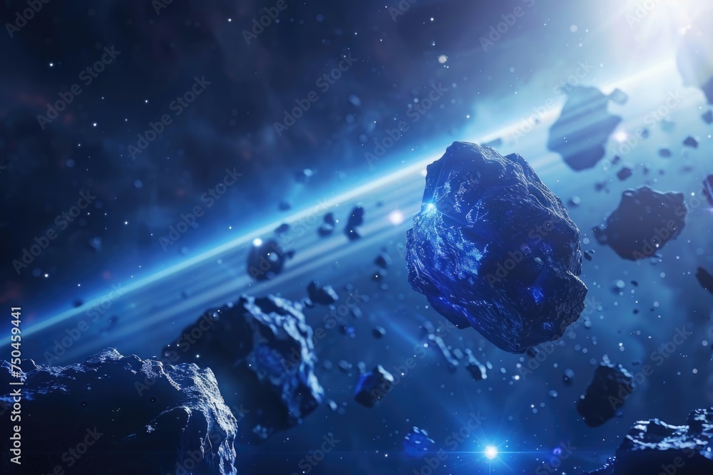 Poster Group of rocks floating in space, suitable for sci-fi and space exploration concepts