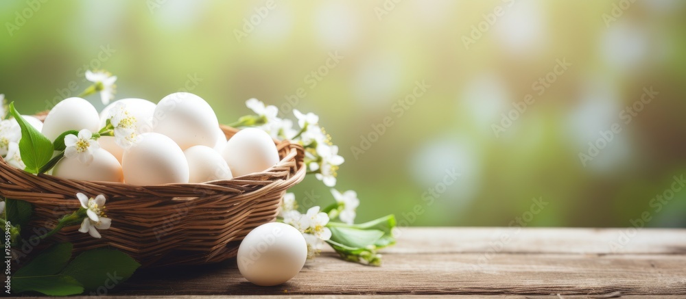 Poster rustic basket overflowing with springtime white eggs on a wooden table