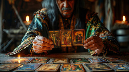 The elderly man using tarot cards to forecast the future - obrazy, fototapety, plakaty