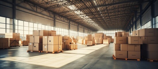 Organized Warehouse Stacked with Assorted Carton Boxes in Spacious Facility