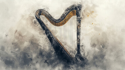 Watercolor illustration of harp, сoncept of playing musical instruments, dark background