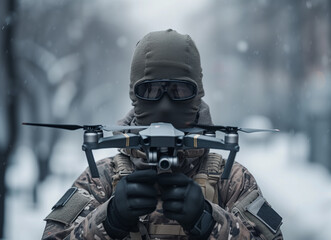 Military soldier controls drone for reconnaissance operation of enemy positions. Concept using quadrocopters in smart war.