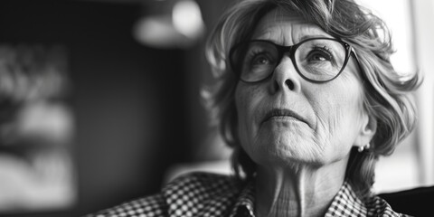 A woman wearing glasses in a black and white photo. Suitable for various projects