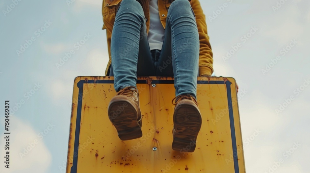 Aufkleber a person sitting on top of a yellow sign. suitable for various concepts