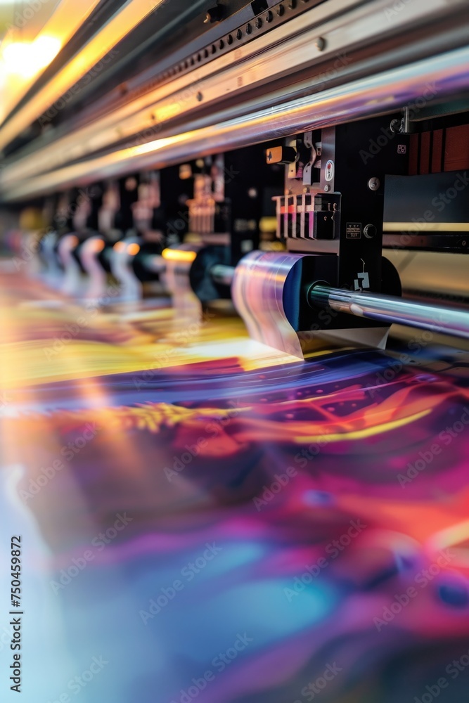 Poster A printing machine with a colorful print, perfect for design projects