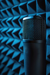 A microphone positioned in front of a blue background. Perfect for music or podcasting themes