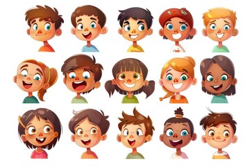 Group of cartoon children with various facial expressions. Perfect for educational materials or children's books 