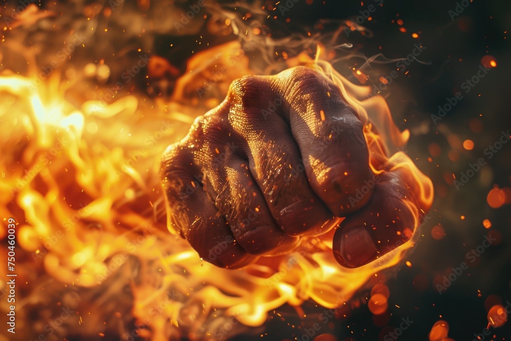 Fototapete a close up of a person's fist with fire in the background. ideal for concepts of power and determina