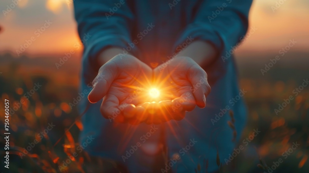 Poster a person holding a glowing light. suitable for various concepts