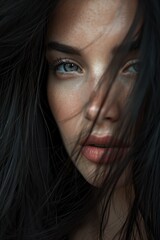 Fototapeta premium Close-up portrait of a woman with long black hair. Perfect for beauty and fashion concepts