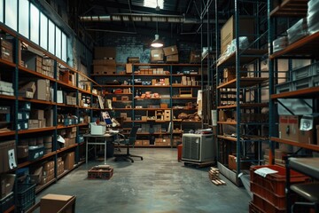 A room filled with boxes and shelves, suitable for inventory and storage concepts