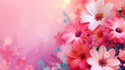 Vibrant Mother's Day banner with pink and white flowers and bokeh lights