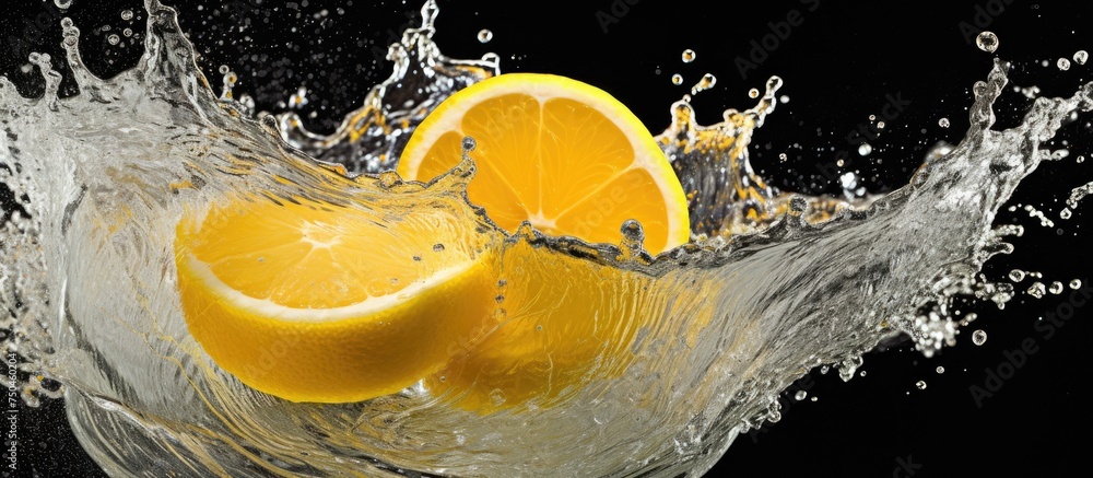 Poster vibrant lemon slice creates a refreshing splash as it descends into crystal clear water