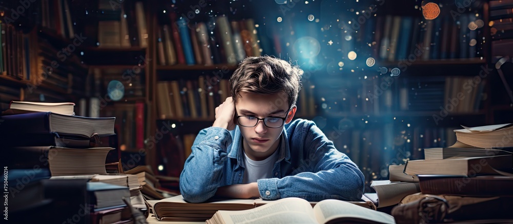 Poster Focused Student Engrossed in Reading Studious Material in a Quiet Library Setting