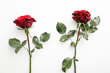 two red rose stems with leaves on a white background