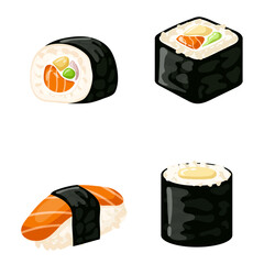 Sushi Rolls Elements Food, salmon, prawn, avocado, cream cheese. Sushi menu. Japanese food isolated on white Vector Illustration
