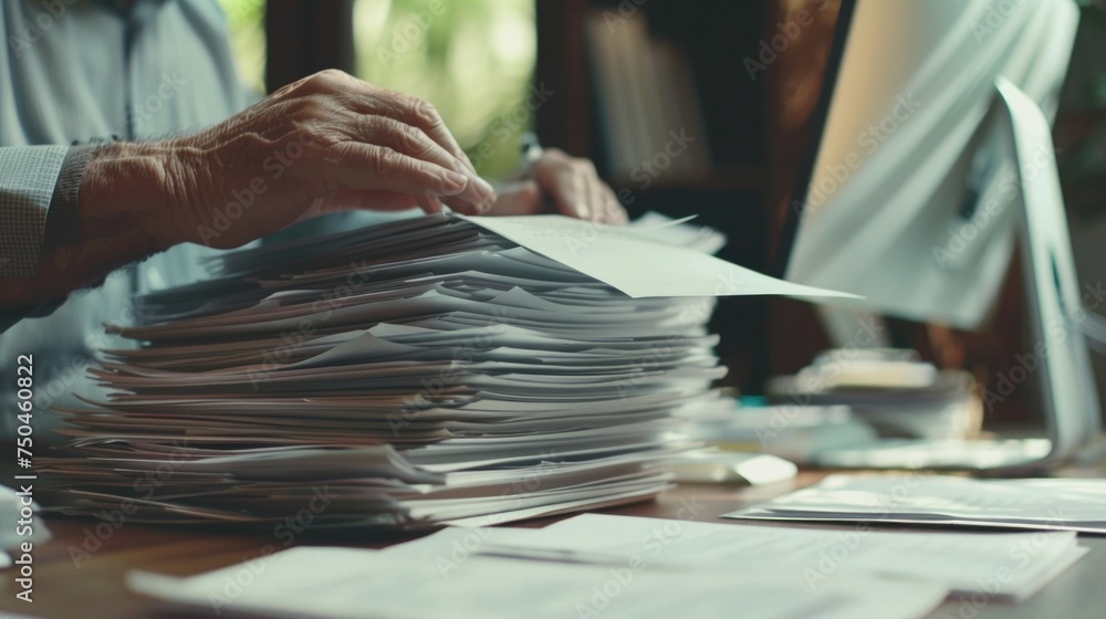 Aufkleber a man sitting at a desk with a stack of papers. suitable for business and office concepts