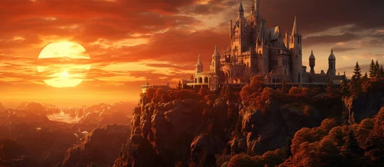 Foto op Canvas Majestic Historic Castle Perched Atop A Mountain During the Golden Hour © HN Works