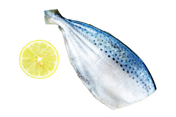 Ready-to-cook raw fresh pompano fish with lemon slice isolated on a white background