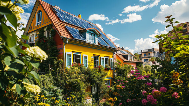 Modern colorful house exterior with solar panels and wild garden