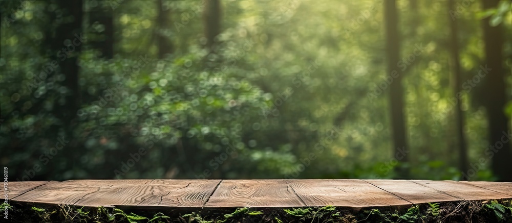 Poster rustic wooden table amidst lush greenery in enchanting forest setting