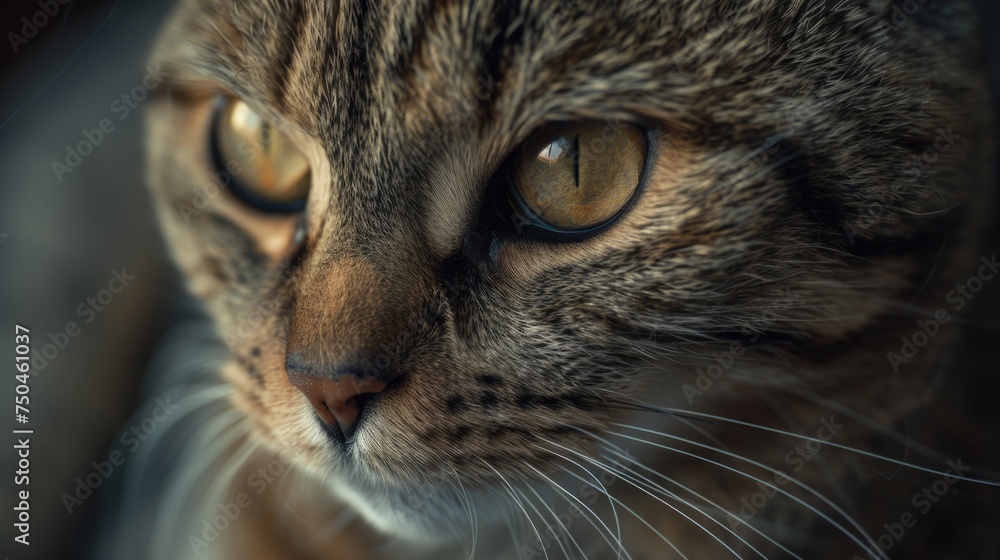 Poster close up of a cat's face with a blurry background, suitable for various projects