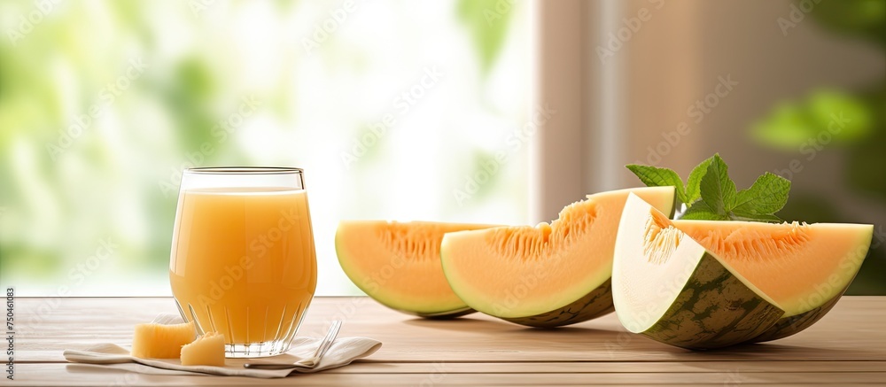 Sticker Refreshing Cantaloupe and Honeydew Melon Juice Smoothie in a Glass on Wooden Table