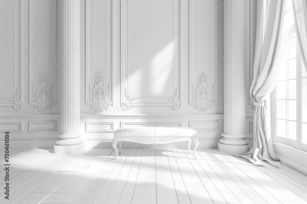 Aufkleber A simple white room with a bench and a window. Suitable for various interior design concepts