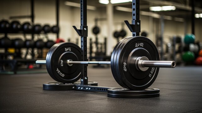 Barbells and weight equipment on racks in the weight lifting section
